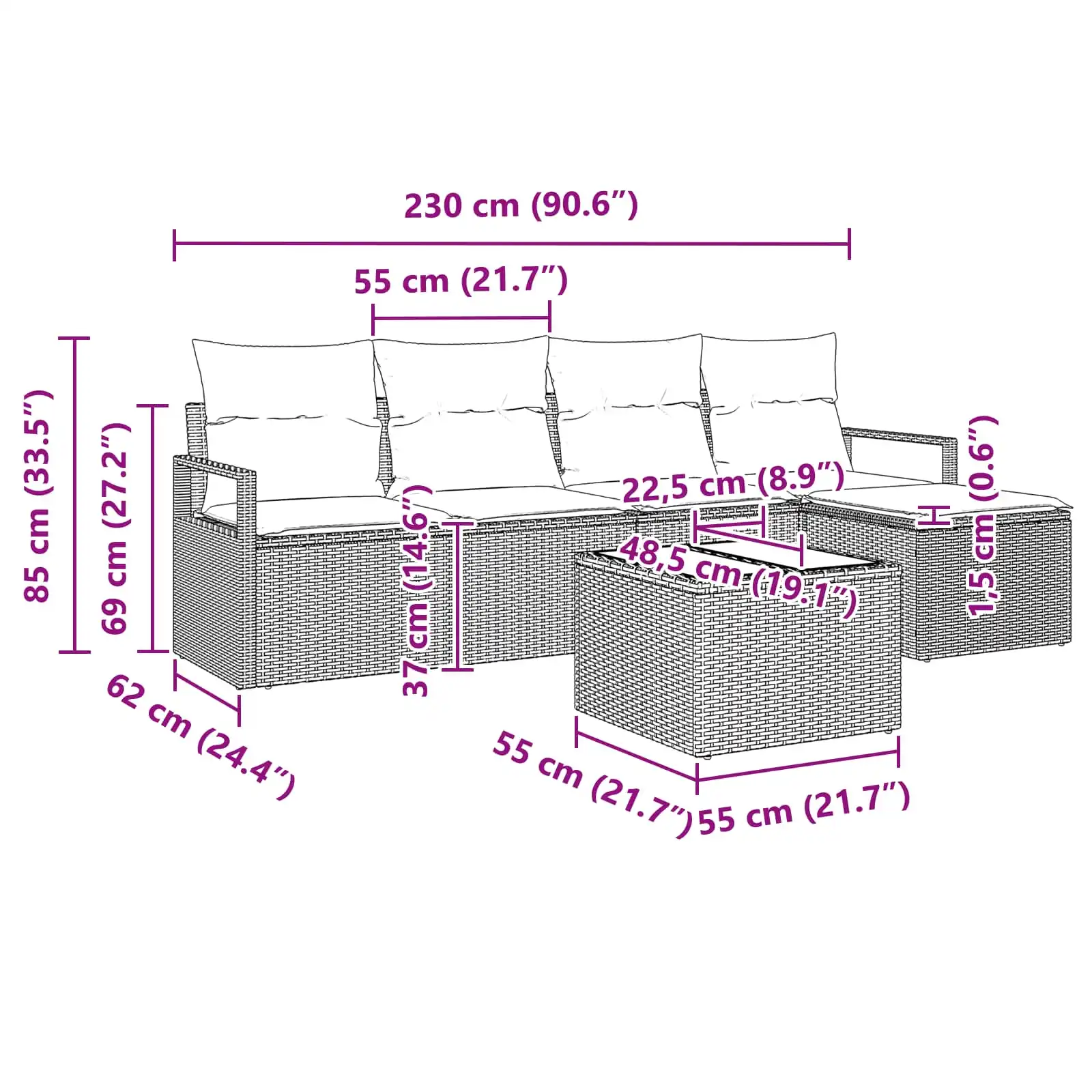 Modulaarne aiadiivanikomplekt patjadega, 6-osaline, pruun polürotang, 4 istekohta