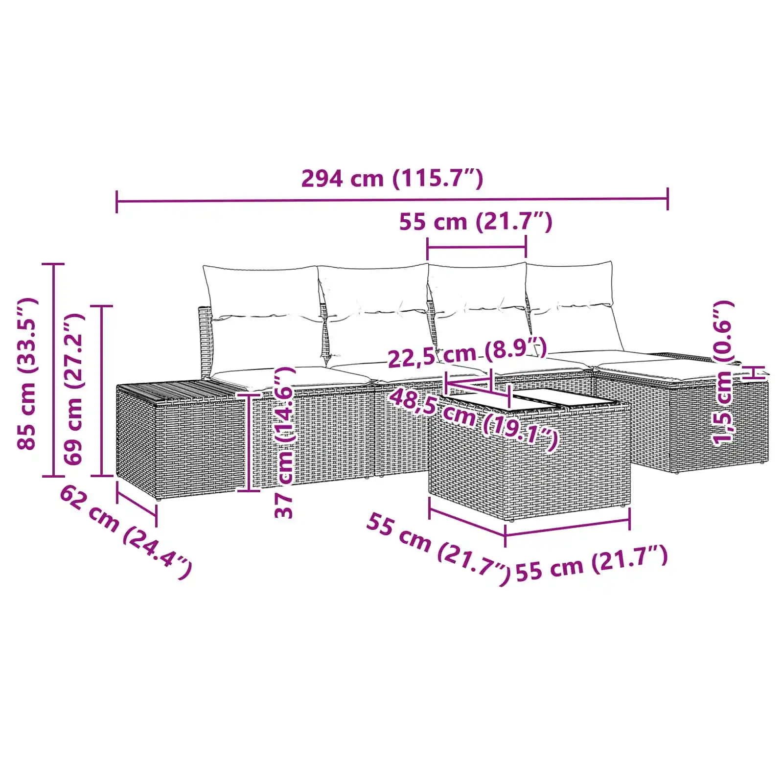 Modulaarne aiadiivanikomplekt patjadega, 6-osaline, pruun polürotang, 4 istekohta