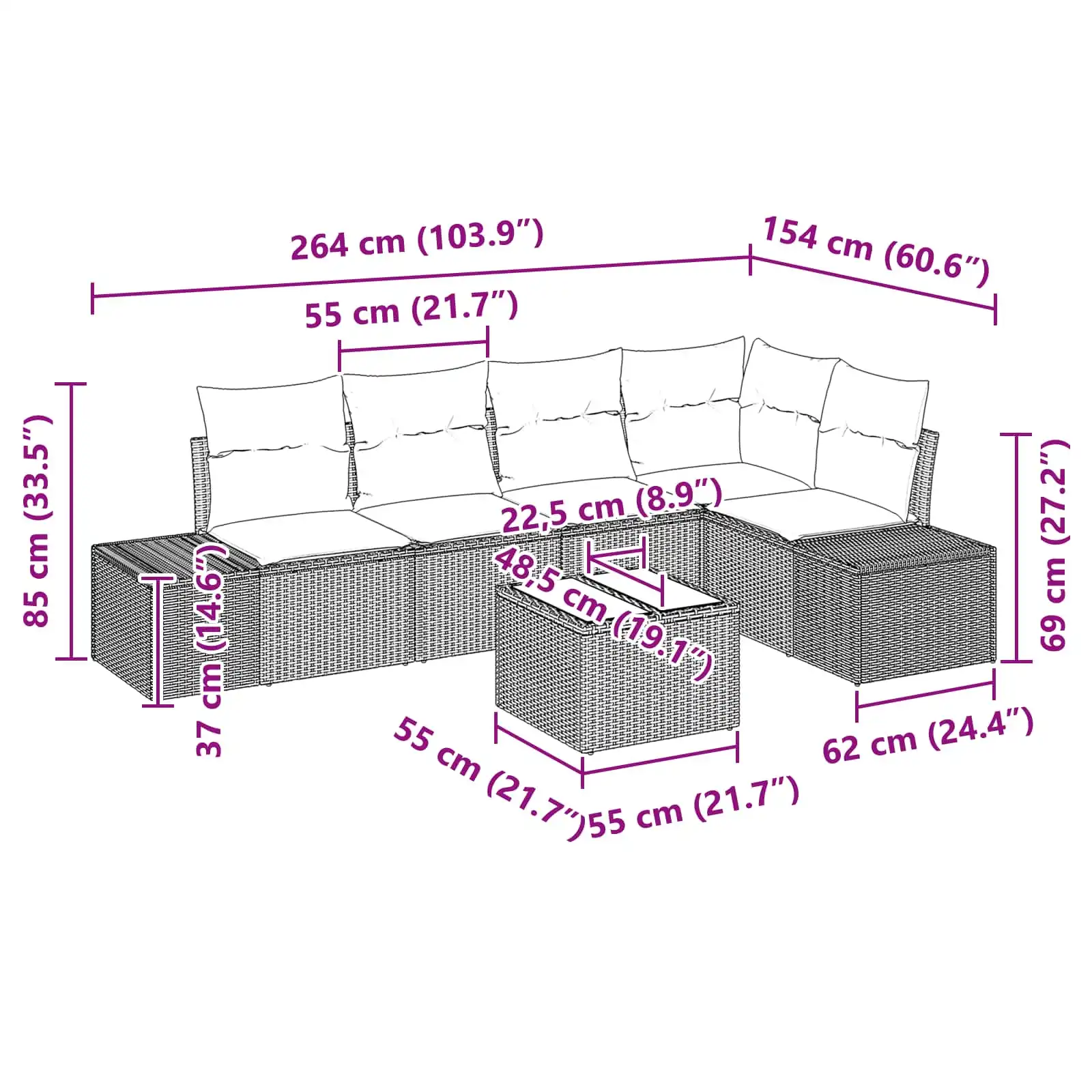 6-osaline modulaarne aiadiivanikomplekt patjadega, pruun polürotang