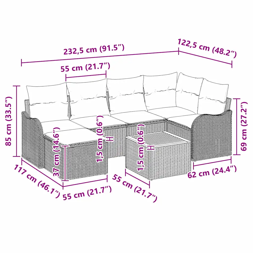 Modulaarne aiadiivanikomplekt patjadega, 7-osaline beež polürotang