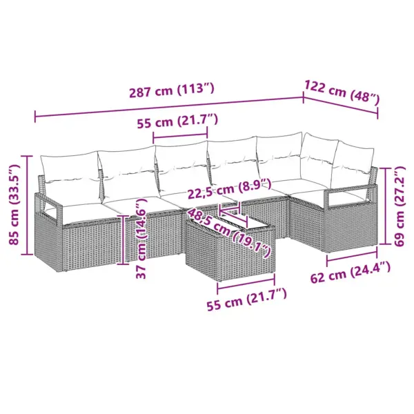 7-osaline modulaarne aiadiivanikomplekt pruunist polürotangist lauaga, 287 x 122 x 85 cm - 9
