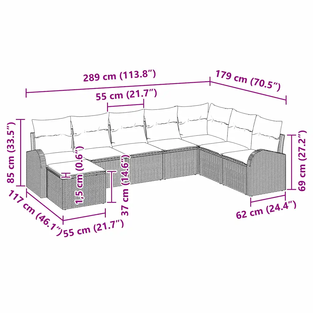 Modulaarne aiadiivanikomplekt patjadega, 8 osaline, helehall polürotang, 289 x 179 x 85 cm