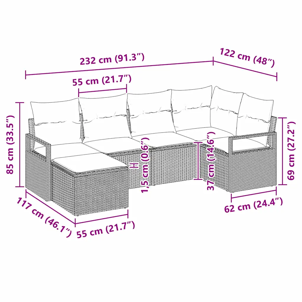 Modulaarne aiadiivanikomplekt, 6-osaline, helehall polürotang, 5 istekohta, 232 x 122 x 85 cm