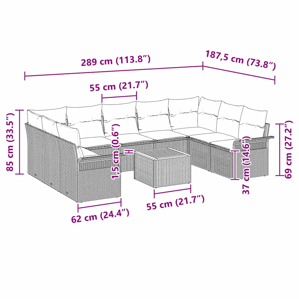 Modulaarne aiamööbli diivanikomplekt hoiukastiga, 10 osa, beež polürotang, patjadega