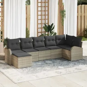 Aiamööbli modulaarne diivanikomplekt padjadega, 7-osaline, helehall polürotang, 289 x 124 x 85 cm