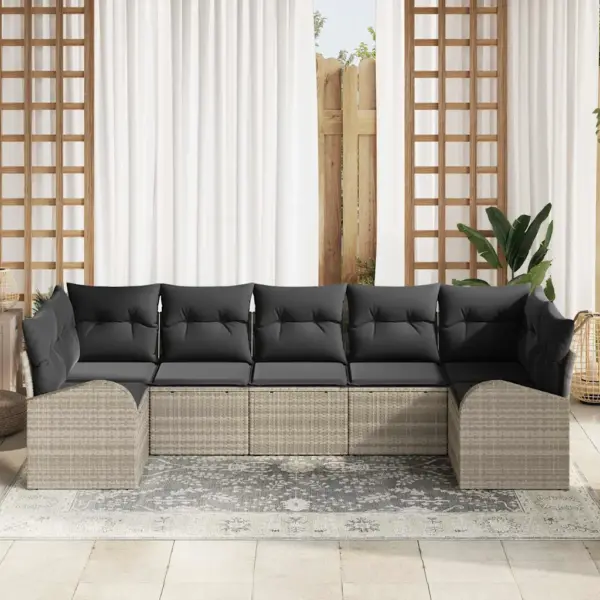 Modulaarne aiamööbli diivanikomplekt patjadega, 7-osaline, helehall polürotang, 289 x 124 x 85 cm - 3