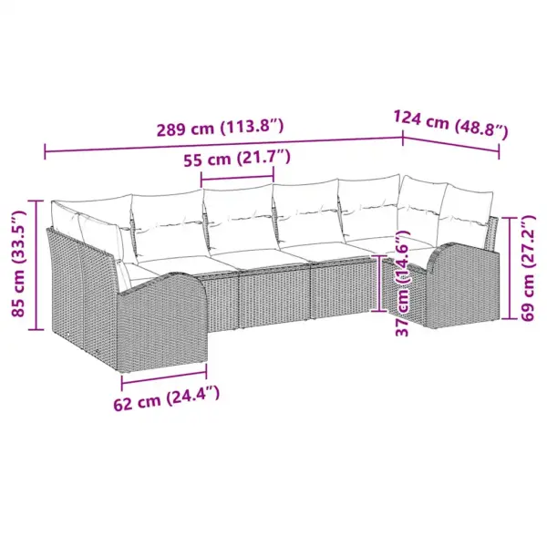 Modulaarne aiamööbli diivanikomplekt patjadega, 7-osaline, helehall polürotang, 289 x 124 x 85 cm - 8