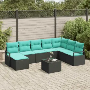 Modulaarne aiamööbli diivanikomplekt patjadega, 9 osa, must polürotang, 7 istekohta