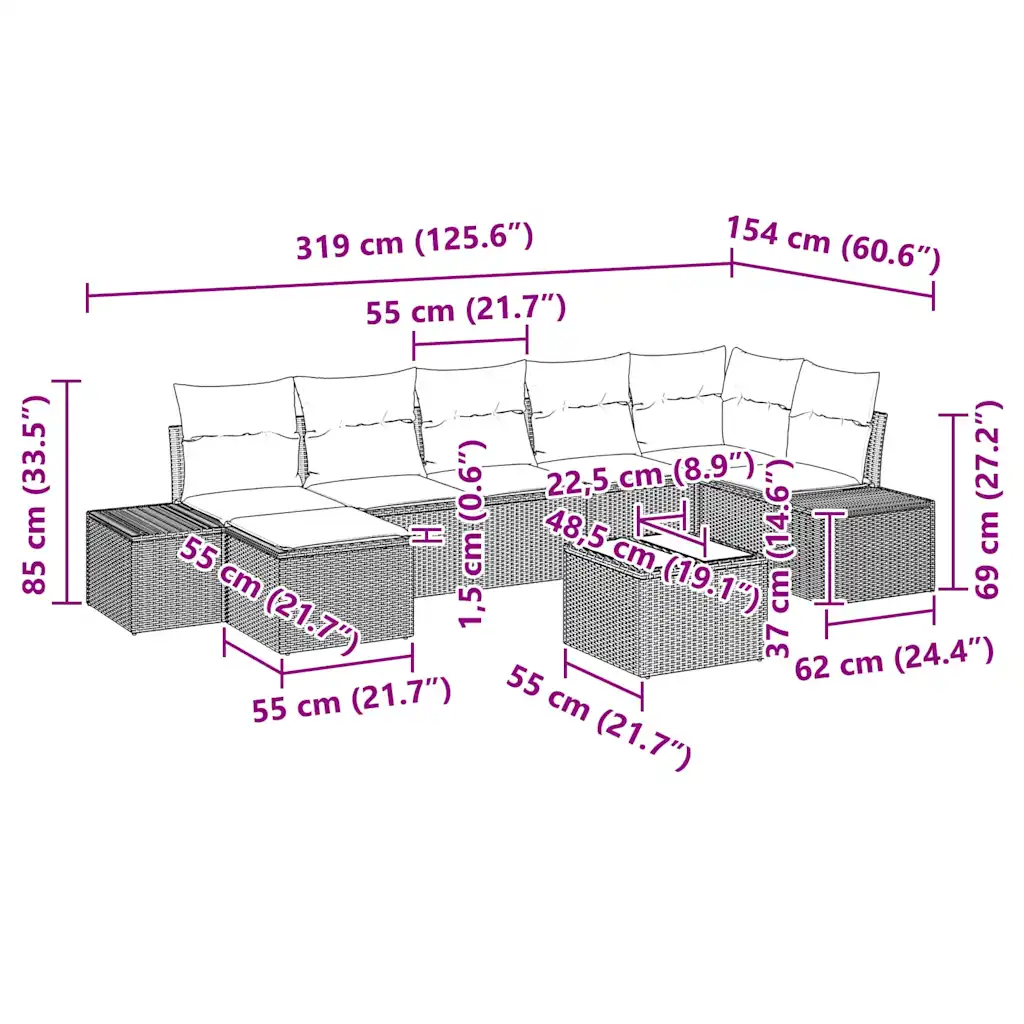 Modulaarne aiamööbli diivanikomplekt patjadega, 8 osa, must polürotang, 7 istekohaga
