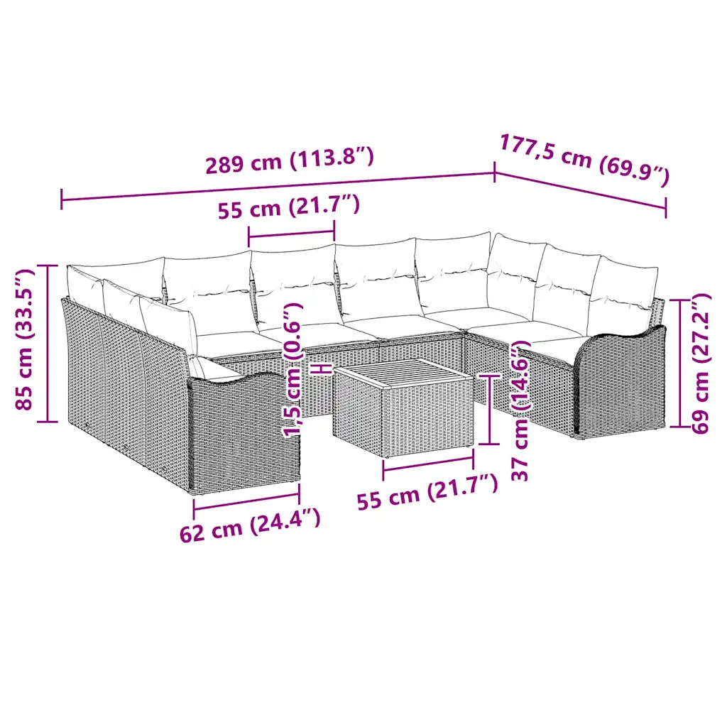 Modulaarne 10-osaline aiamööbli komplekt patjadega, beež polürotang, 9 istekohta