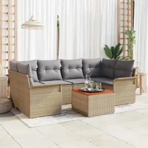 7-osaline 6-kohaline modulaarne aiamööbli komplekt patjadega, beež polürotang, akaatsiapuidust lauaga