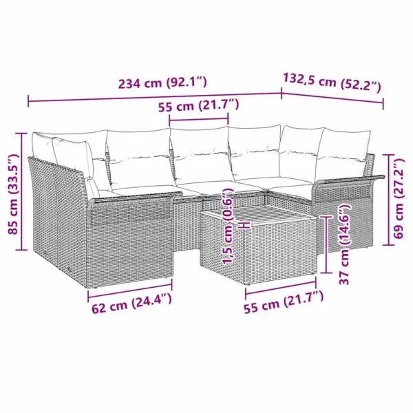 7-osaline 6-kohaline modulaarne aiamööbli komplekt patjadega, beež polürotang, akaatsiapuidust lauaga - 9