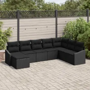 Modulaarne aiamööbli diivanikomplekt padjaga, 8-osaline, must polürotang, 7 istekohaga, 288,5 x 178,5 x 85 cm