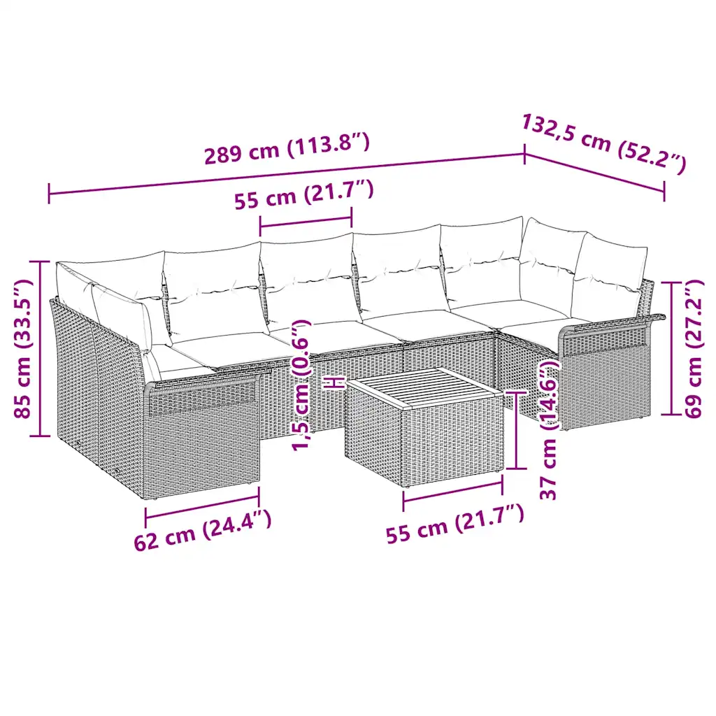Modulaarne mustast polürotangist aiadiivanikomplekt patjadega, 8 osa