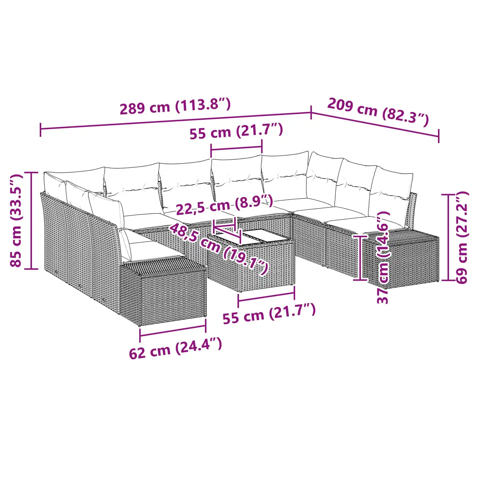 Modulaarne pruun polürotangist aiamööbli komplekt patjadega, 10 osa, 9 istekohta