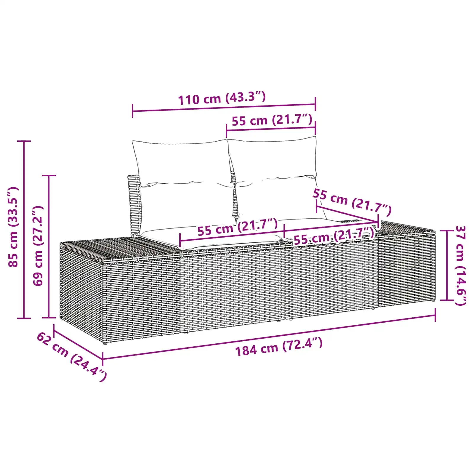 Modulaarne pruun polürotangist aiamööbli komplekt patjadega, 10 osa, 9 istekohta