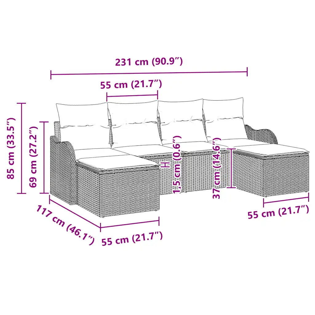 Modulaarne aiadiivanikomplekt patjadega, 6-osaline, pruun polürotang