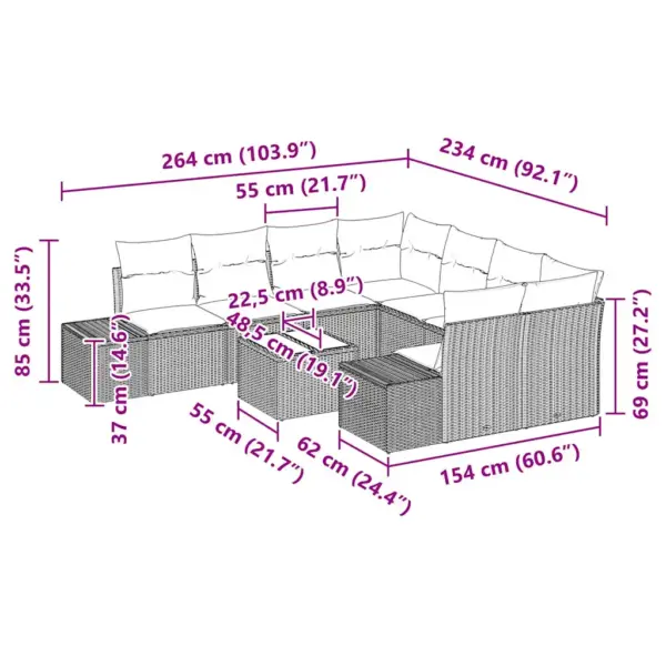 9-osaline modulaarne aiamööbli diivanikomplekt patjadega, must polürotang, 8 istekohta - 9