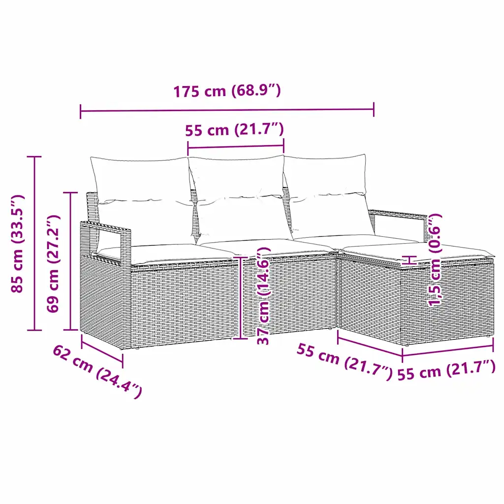 4-osaline modulaarne aiadiivanikomplekt, must polürotang, 3-kohaline, 175 x 117 x 85 cm