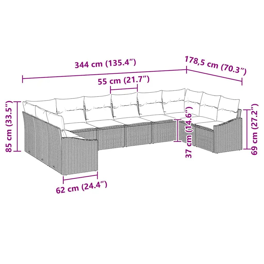 Modulaarne 10-kohaline mustast polürotangist aediivanikomplekt patjadega, 344 x 178,5 x 85 cm