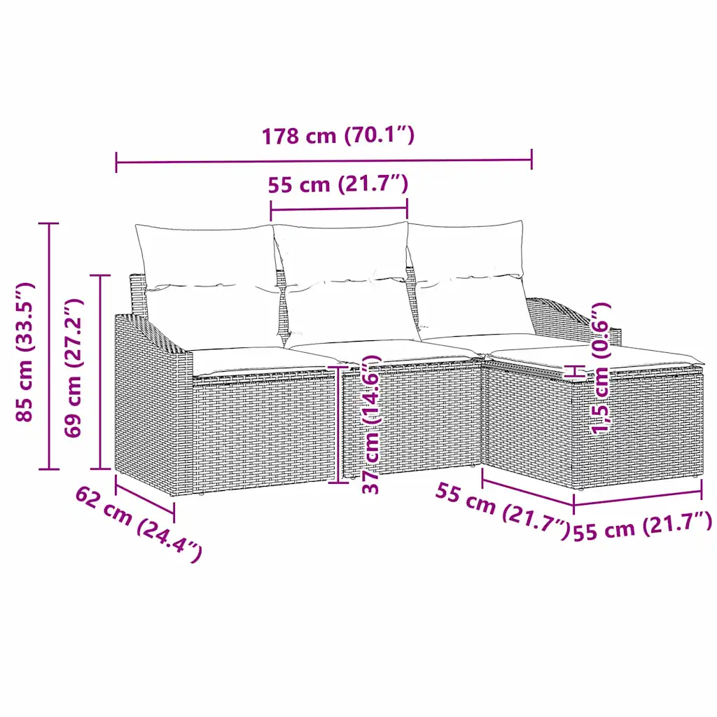 Modulaarne aiadiivanikomplekt patjade, hoiuruumi ja reguleeritava lauaga, 4 osa, must polürotang