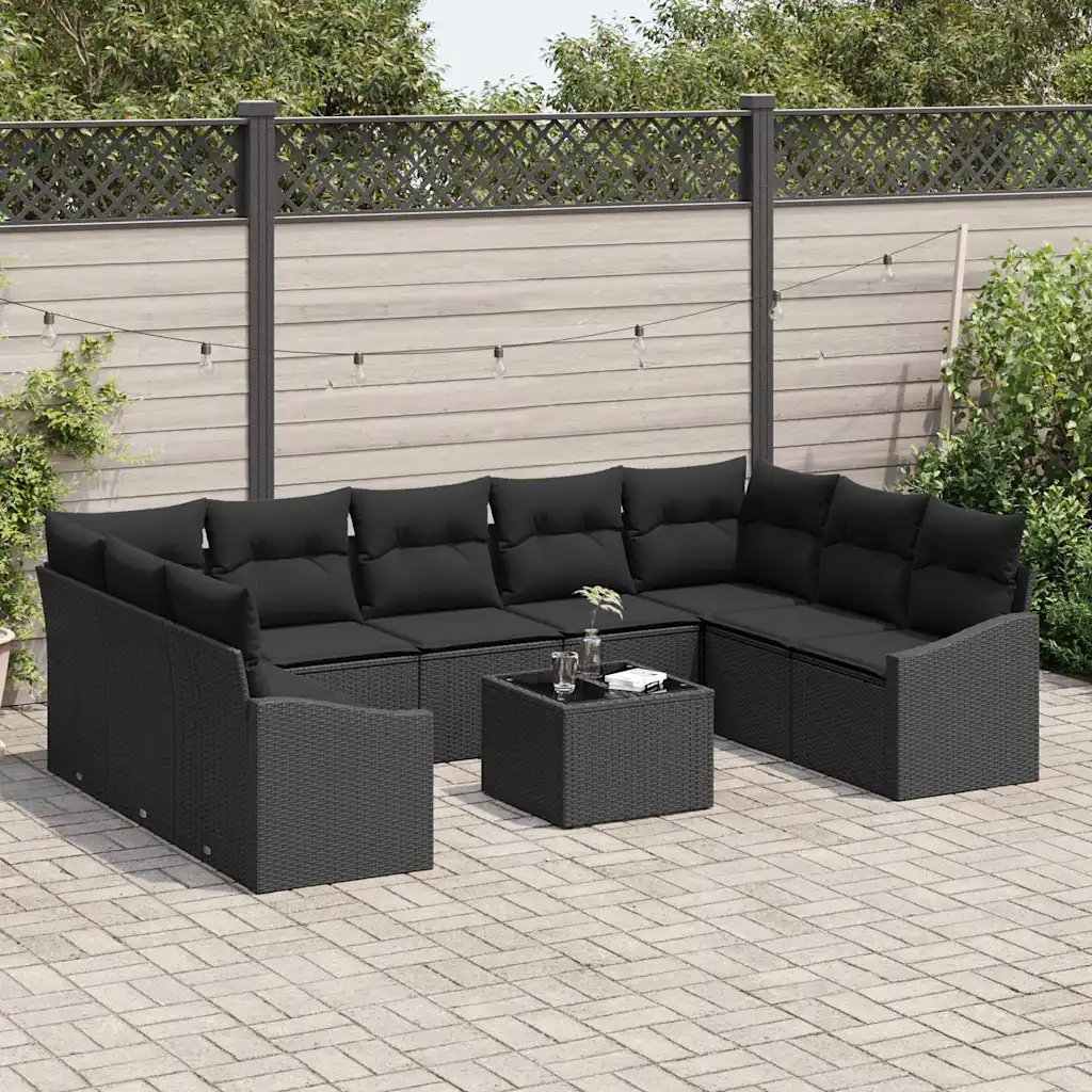 Must modulaarne aiamööbli diivanikomplekt patjadega, 10 osa, polürotang, 9 istekohta