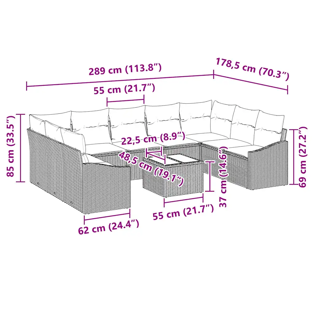 Must modulaarne aiamööbli diivanikomplekt patjadega, 10 osa, polürotang, 9 istekohta