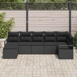 7-osaline modulaarne aiamööbli diivanikomplekt patjadega, must polürotang, 6-kohaline, 287 x 122 x 85 cm