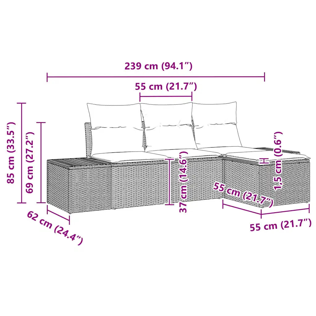 4-osaline pruunist polürotangist aiadiivani komplekt patjadega, modulaarne