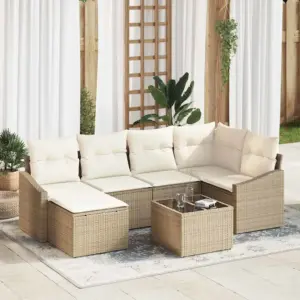 7-osaline polürotangist aiamööbli komplekt patjadega, beež, modulaarne nurgadiivan 5-le
