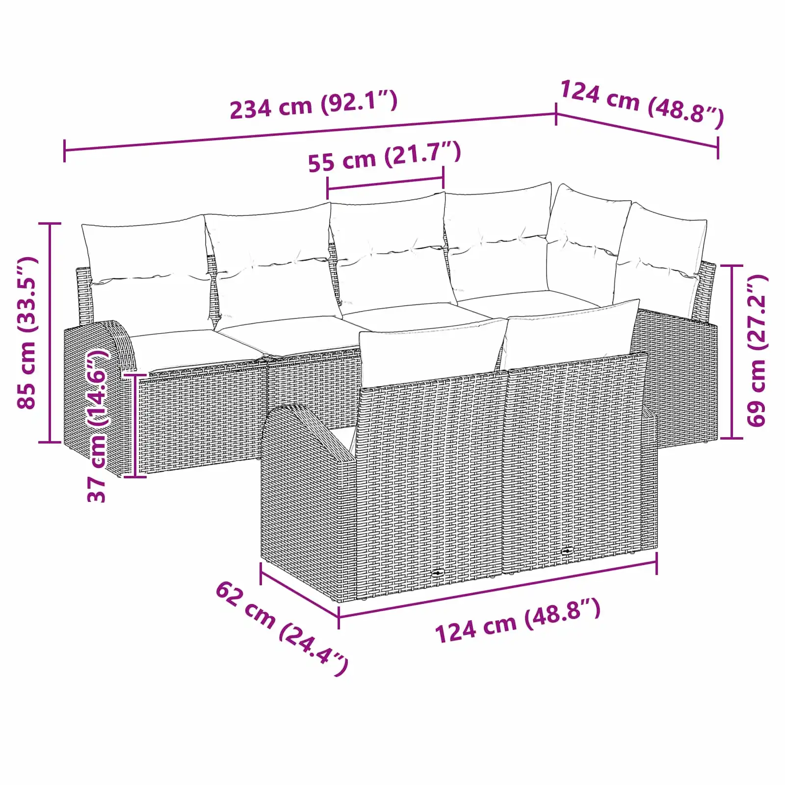 7-kohaline pruun polürotangist aiamööbli diivanikomplekt, modulaarne