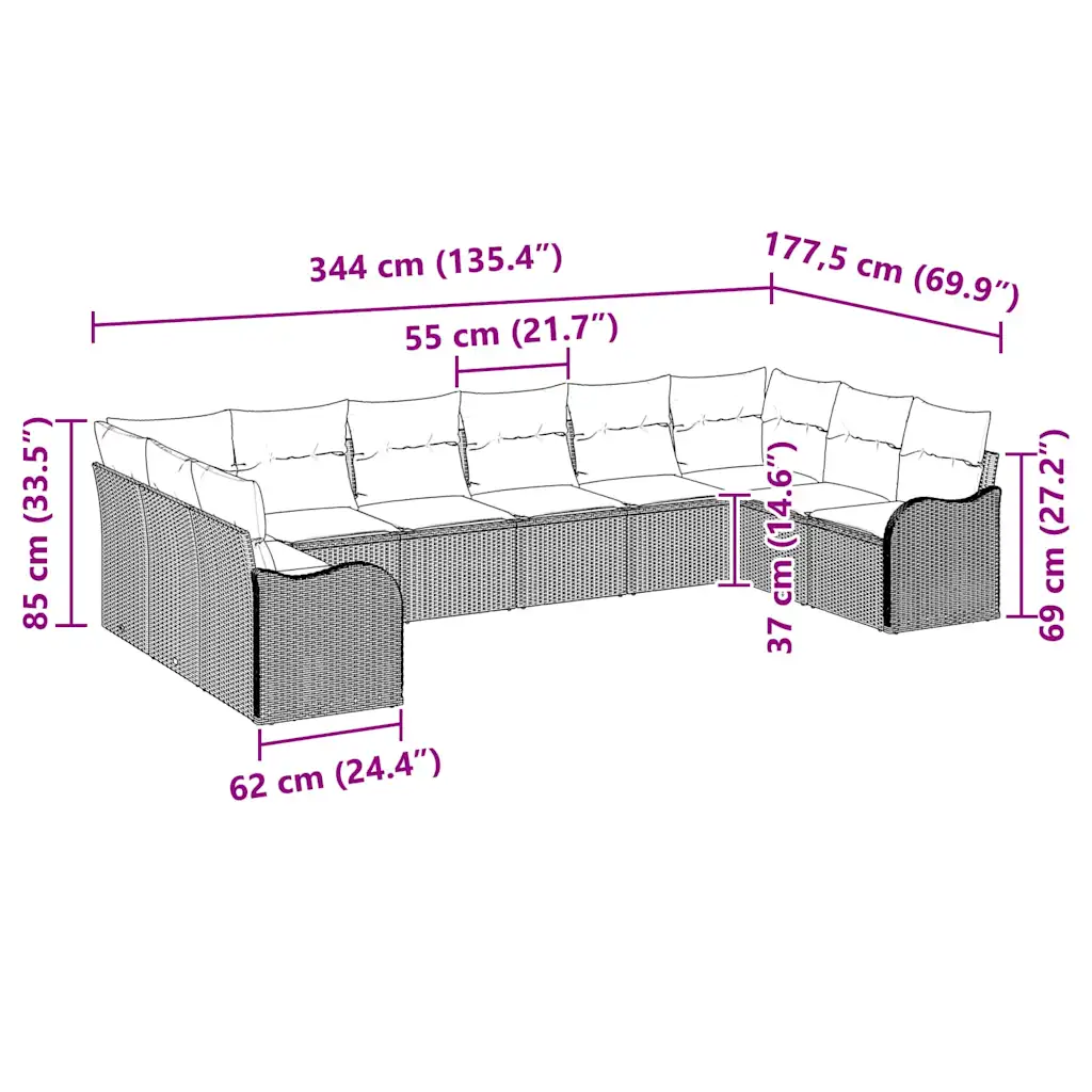 Pruun modulaarne aiamööbli diivanikomplekt polürotangist, 344 x 177,5 x 85 cm