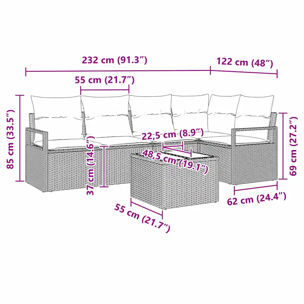6-osaline pruun polürotangist aiamööbli diivanikomplekt patjadega, modulaarne nurgadiivan lauaga, 232 x 122 x 85 cm