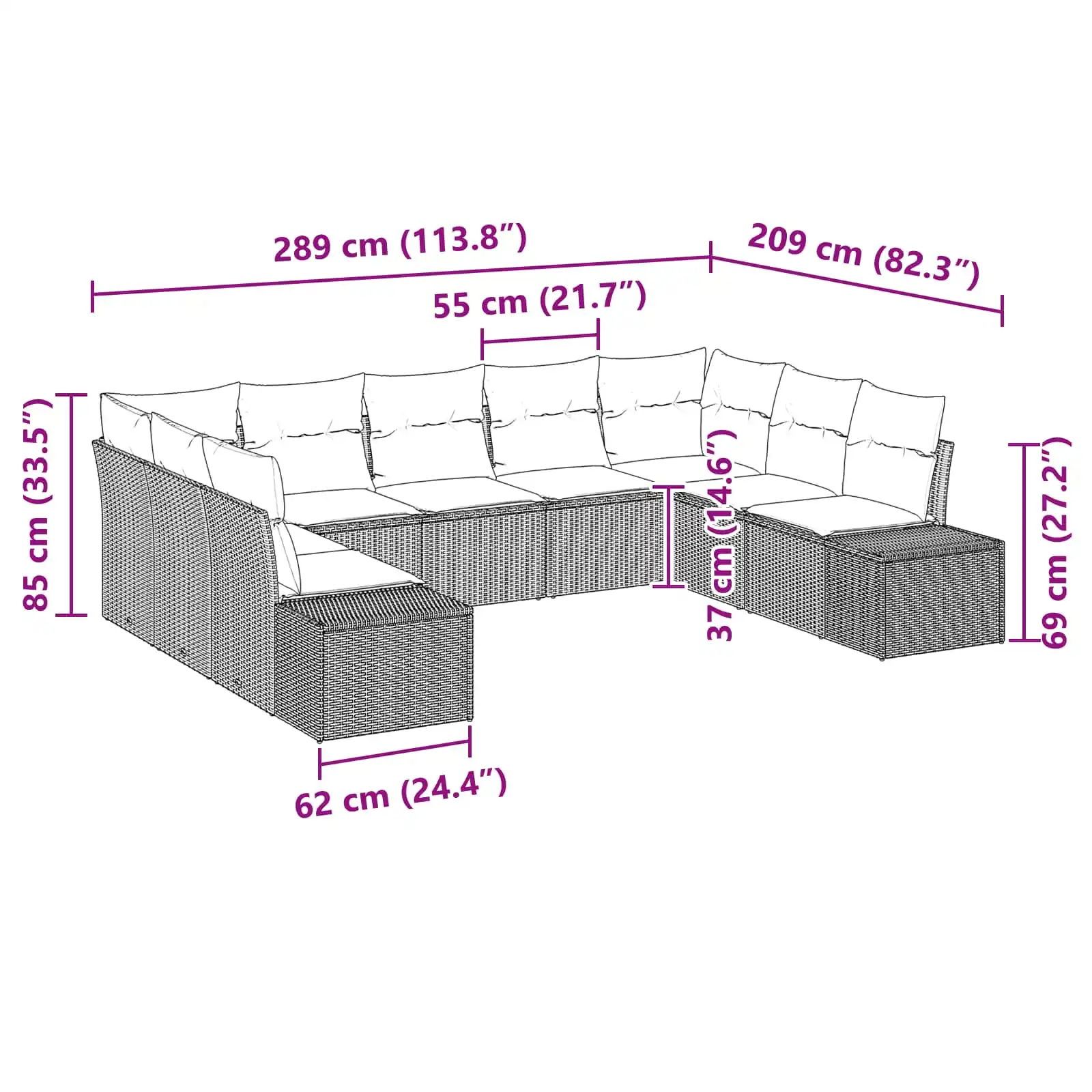 Modulaarne aiadiivanikomplekt patjadega, 9 istekohaga, pruun polürotang