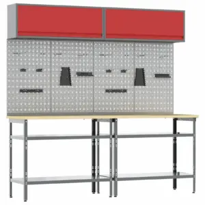 8-osaline pulbervärvitud terasest töölauakomplekt pegboardide ja seinakappidega, punane/hall, 200 x 55 x 200 cm